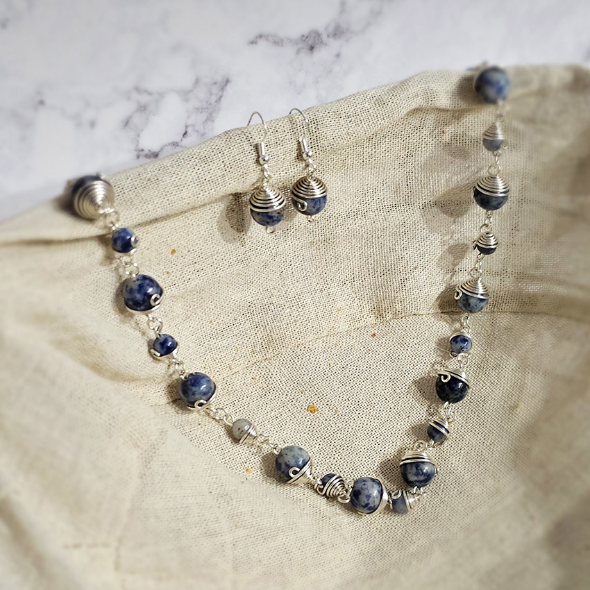 Natural Stone Silver wire wrapped necklace and earrings